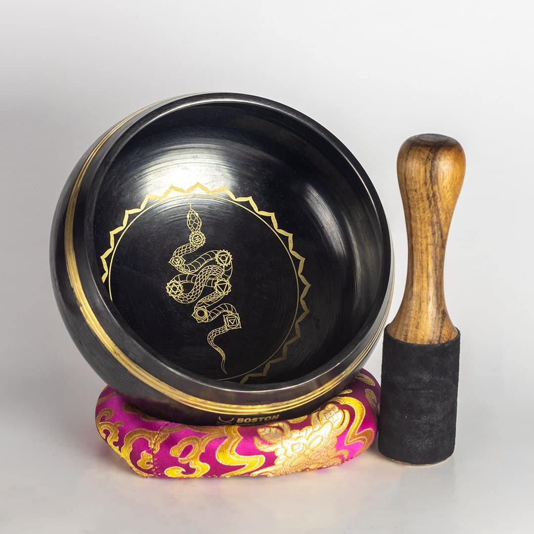 Hand Etched 7 inch Tibetan Singing Bowl of Kundalini Snake for Root Chakra