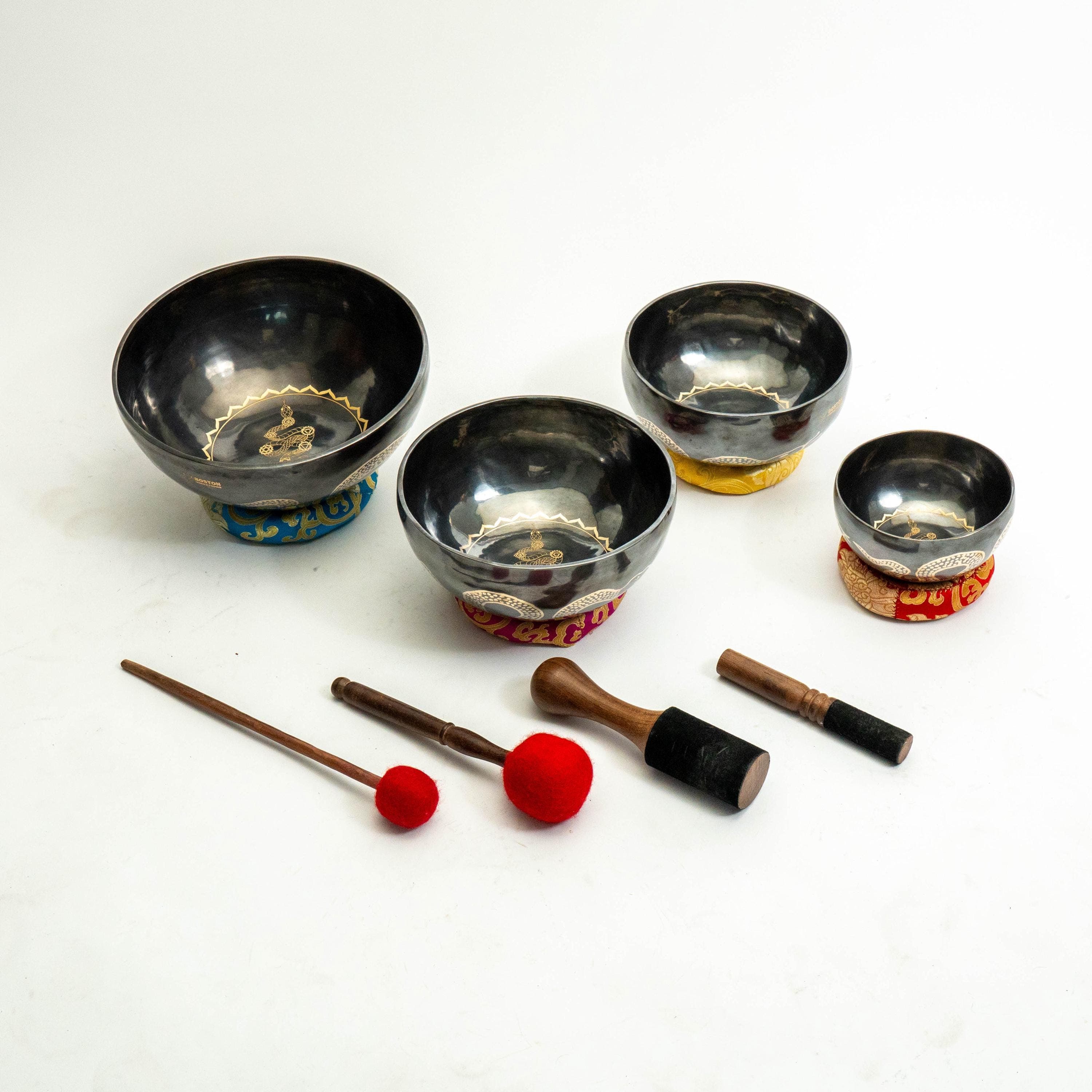 Hand Etched Black Snake Tibetan Bowl Set for Chakra Meditation and Sound Healing