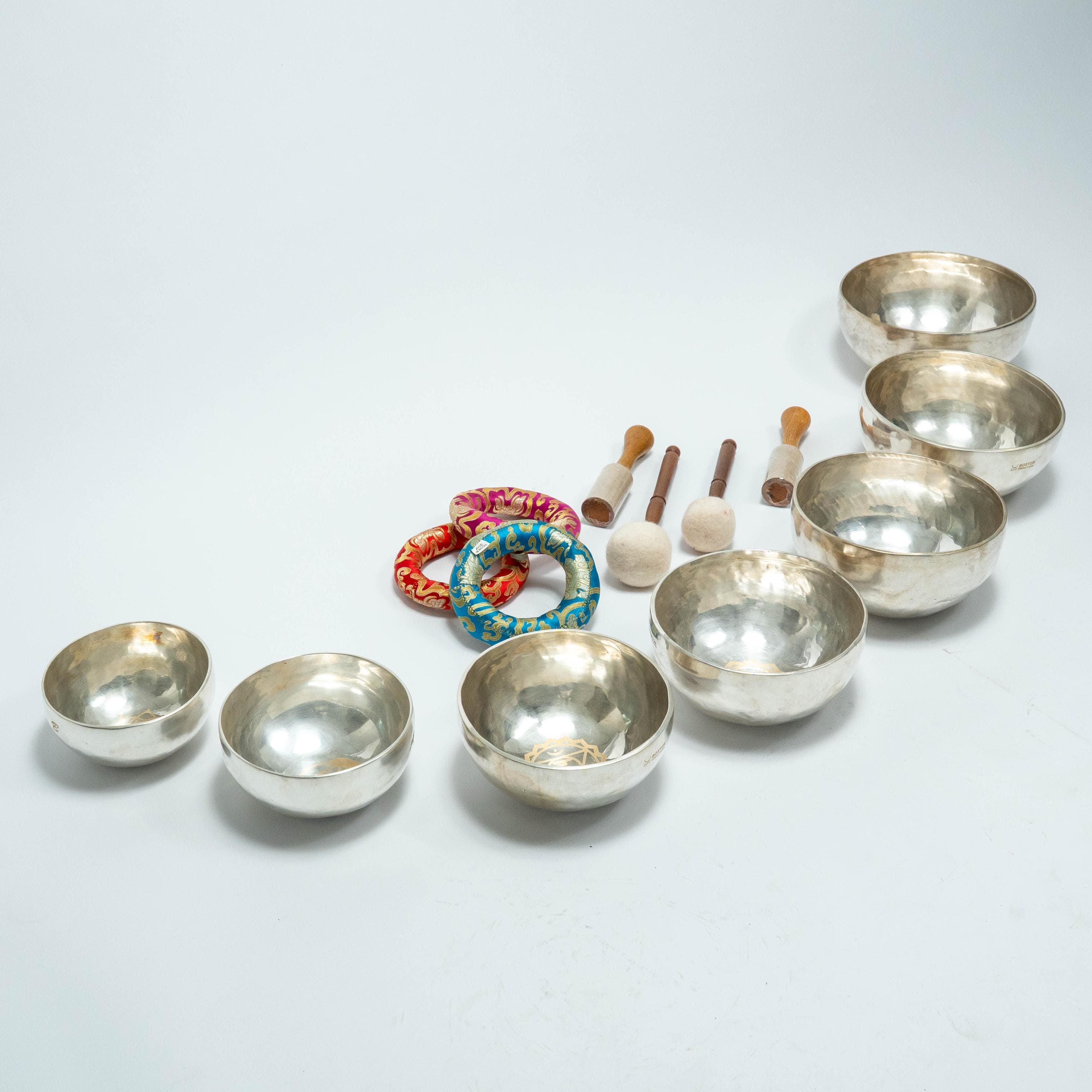 Handmade Silver Plated 7 Chakra Singing Bowl Set • Meditation, Healing