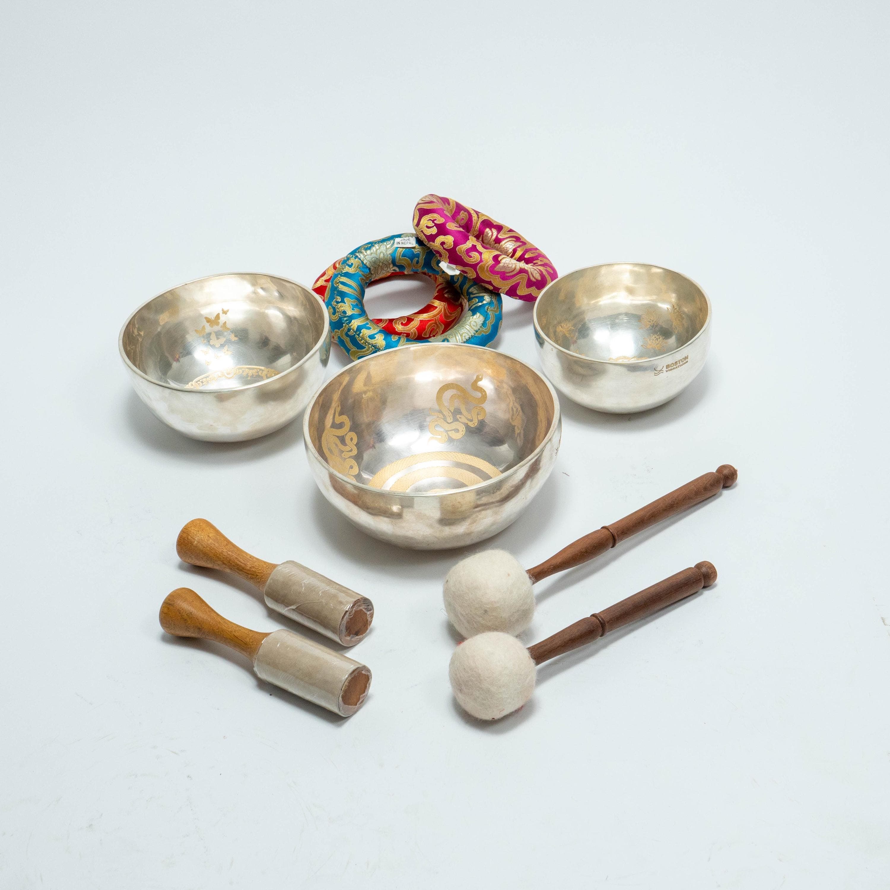 Silver Singing Bowl Set of 3: Kundalini, Lotus, Butterfly Designs